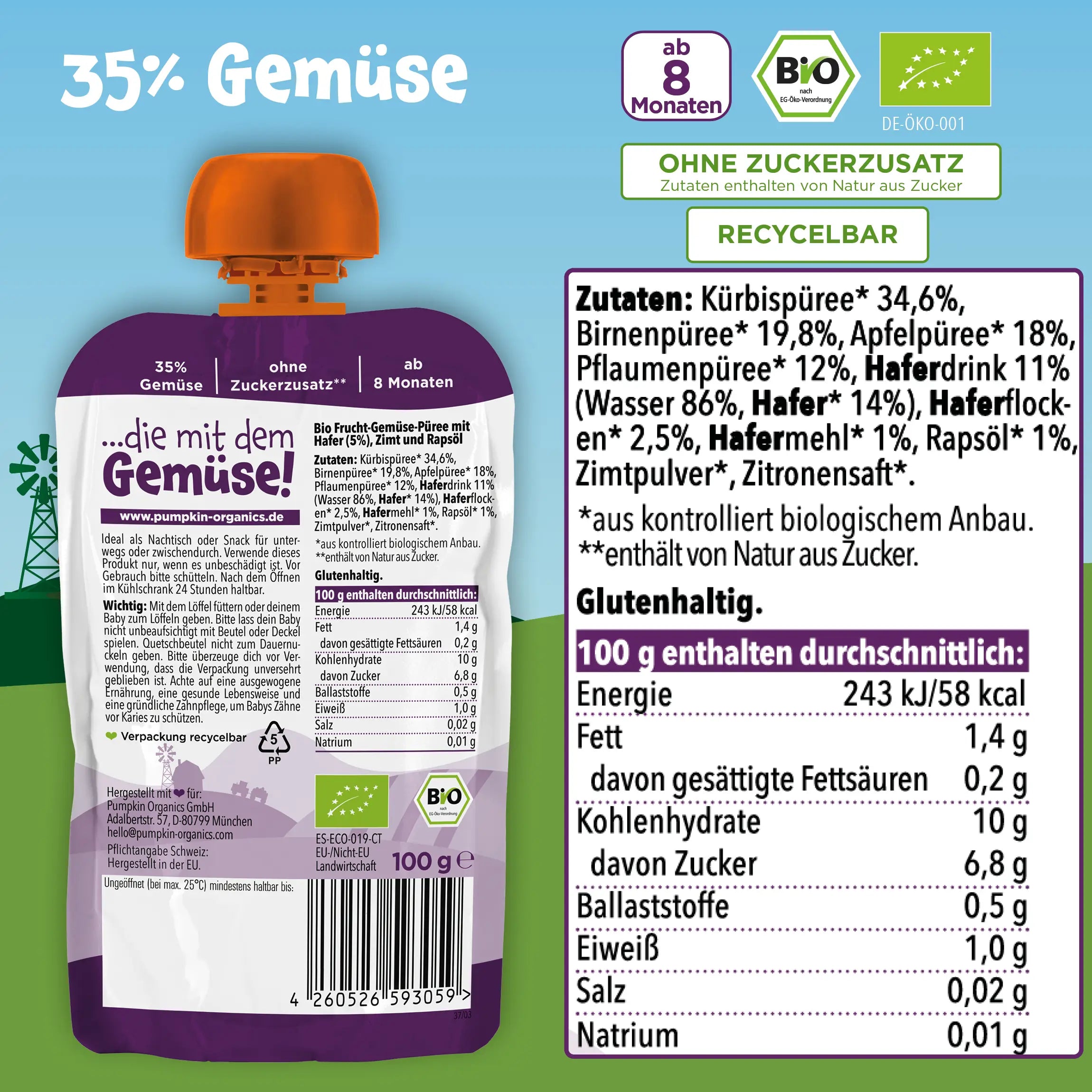 Bio Gemüse-Getreide-Quetschie Kürbis, Birne, Apfel, Pflaume, Hafer Nährwerttabelle