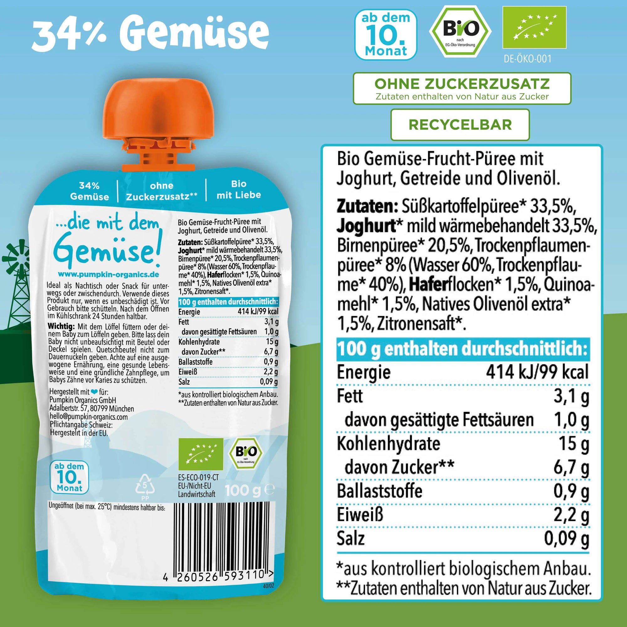 Bio Gemüse-Getreide-Quetschie Süßkartoffel, Joghurt, Birne, Trockenpflaume, Hafer, Quinoa (8x)