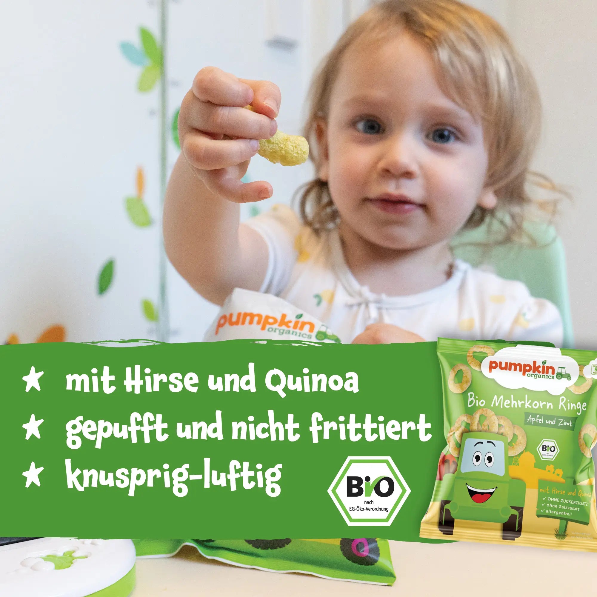 Kinder lieben Knuspersnacks Bio Mehrkorn Ringe Apfel und Zimt