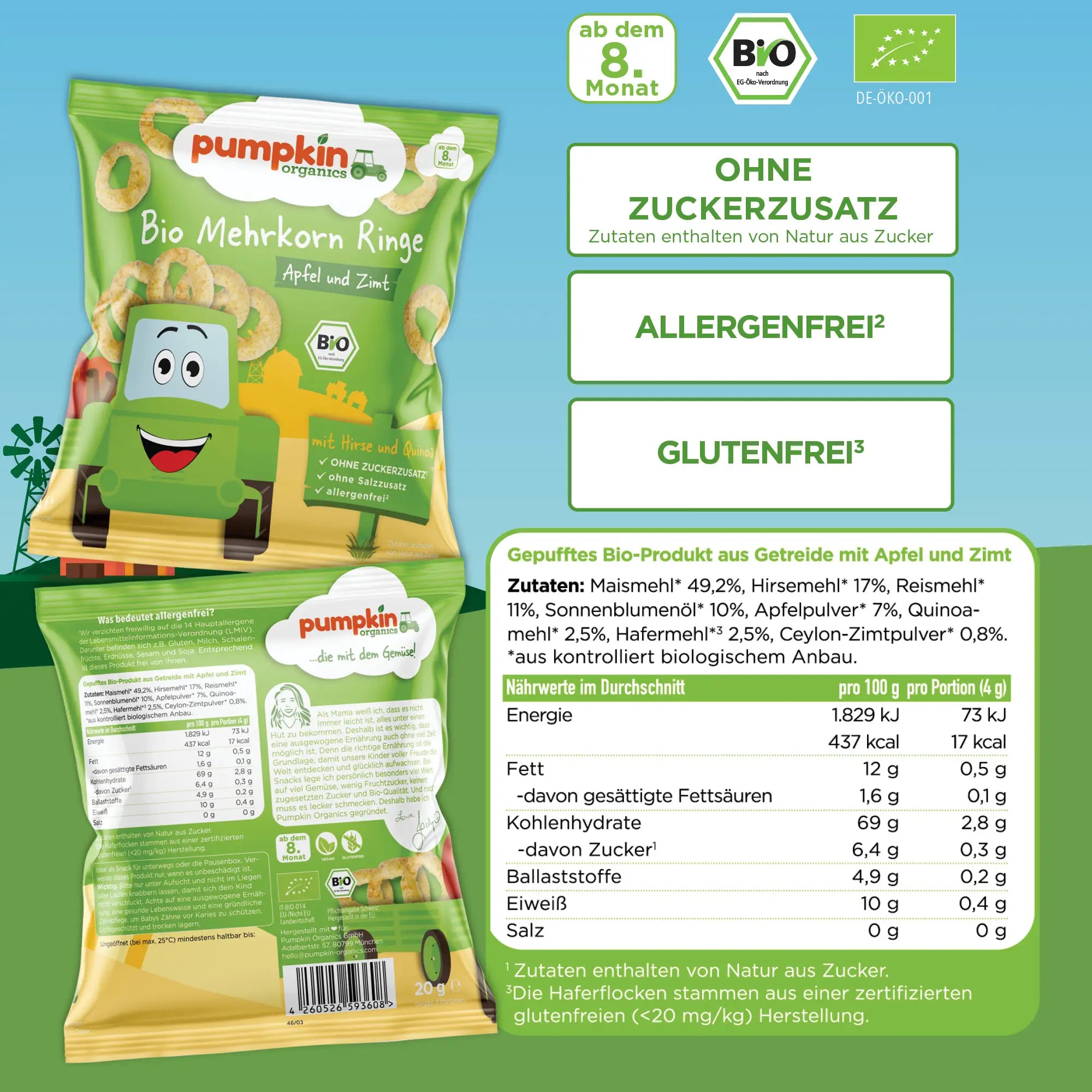 Pumpkin Organics Bio Mehrkorn Ringe Apfel und Zimt Rückseite und Zutaten