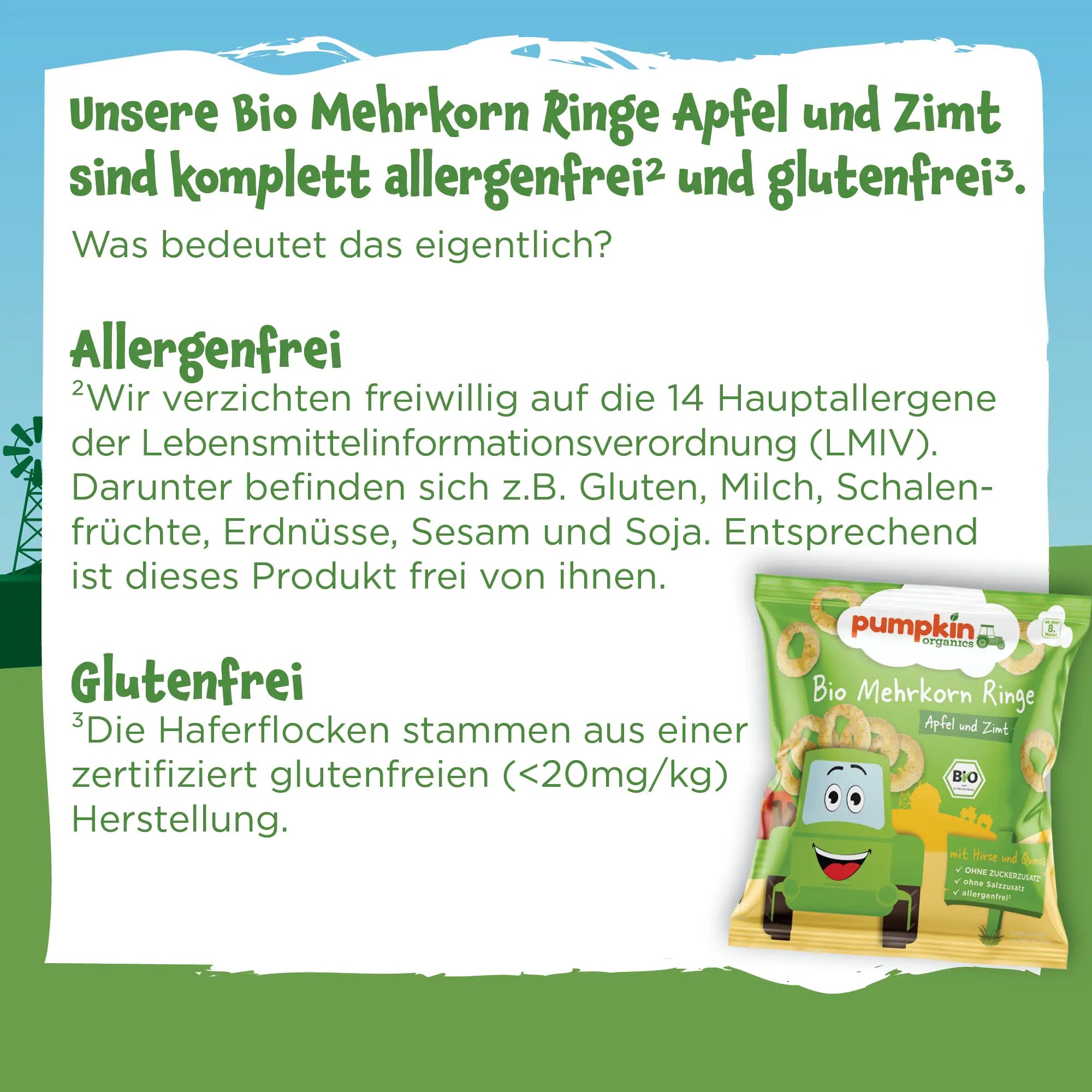 Pumpkin Organics Bio Knuspersnacks Apfel Zimt sind allergenfrei und glutenfrei