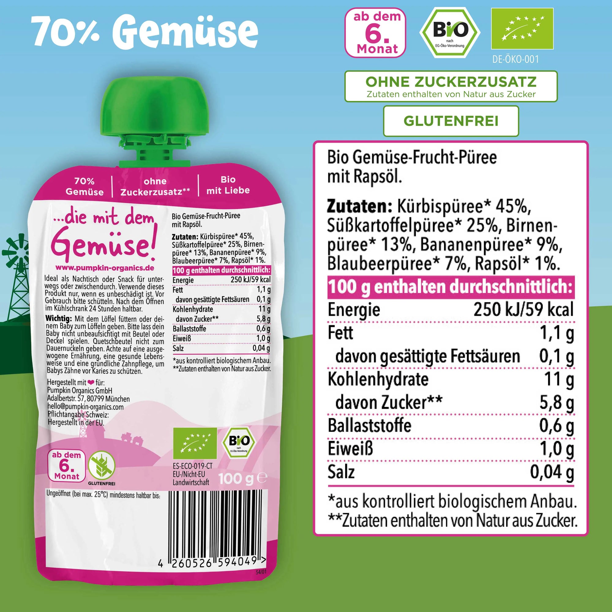 Bio Gemüse-Quetschie Kürbis, Süßkartoffel, Birne, Banane, Blaubeere (8x)