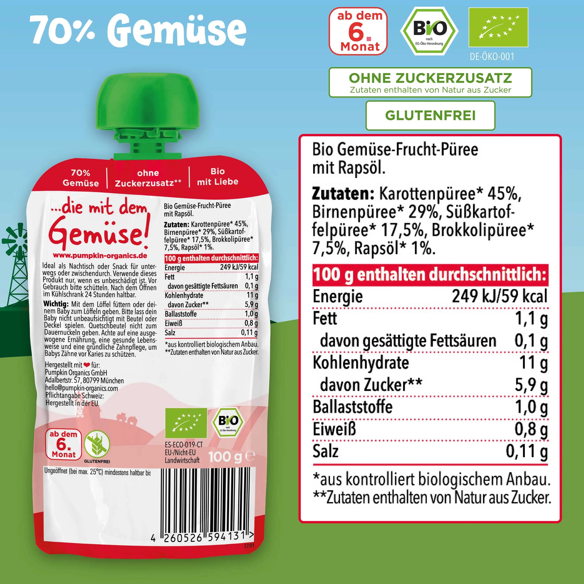 Bio Gemüse-Quetschie Karotte, Birne, Süßkartoffel, Brokkoli (8x)