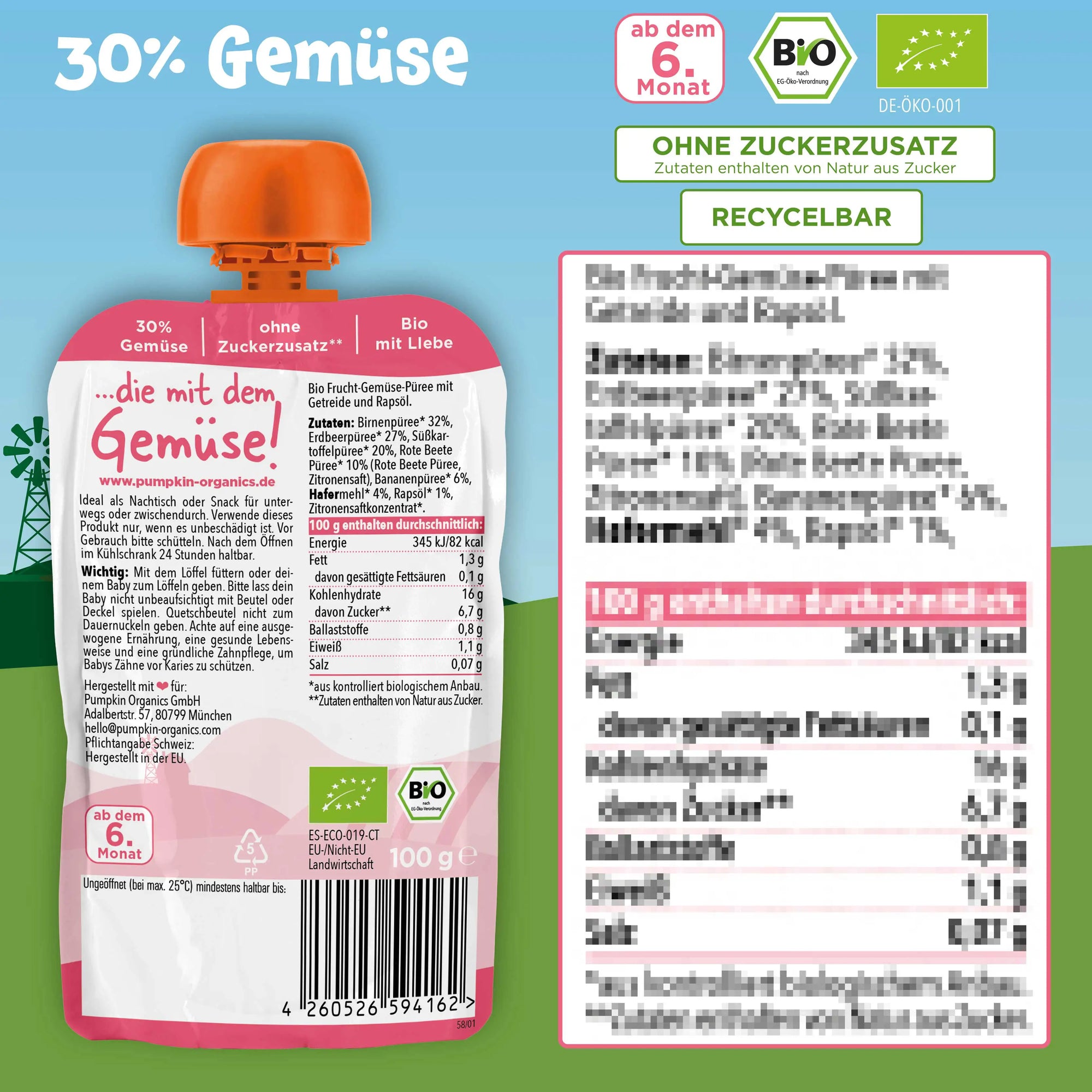 Bio Gemüse-Getreide-Quetschie Birne, Erdbeere, Süßkartoffel, Rote Beete,  Banane, Hafer (8x)