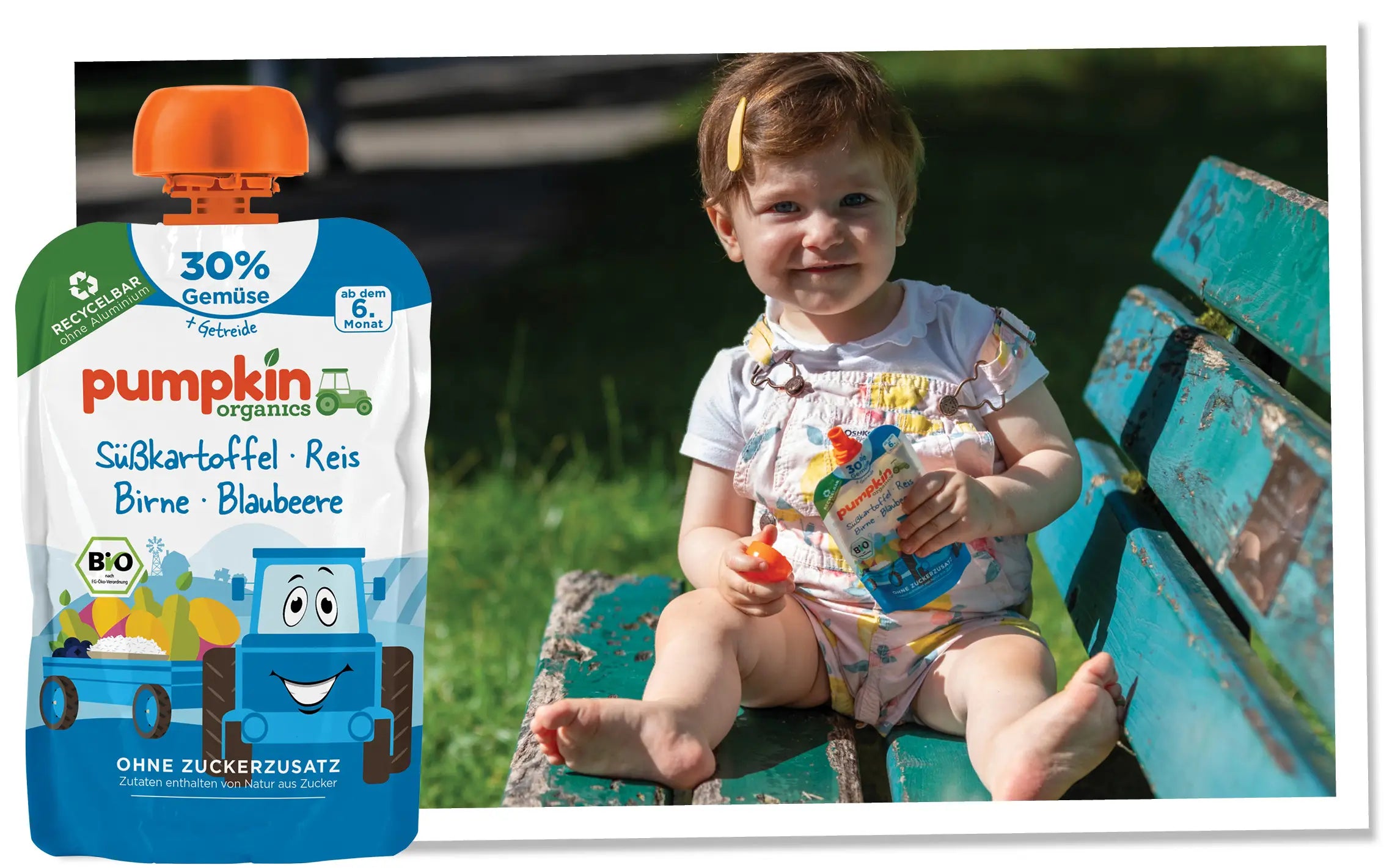 Kleines Kind, das einen Bio Gemüse Quetschie von Pumpkin Organics genießt