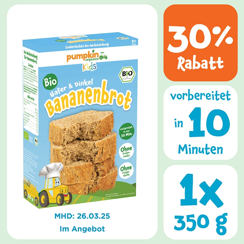 Bio Hafer und Dinkel Bananenbrot Backmischung für Kinder 1x350g, ohne Zuckerzusatz, vorbereit in 10 Minuten. Mit 30% Rabatt. Kleines MHD: 26.03.25