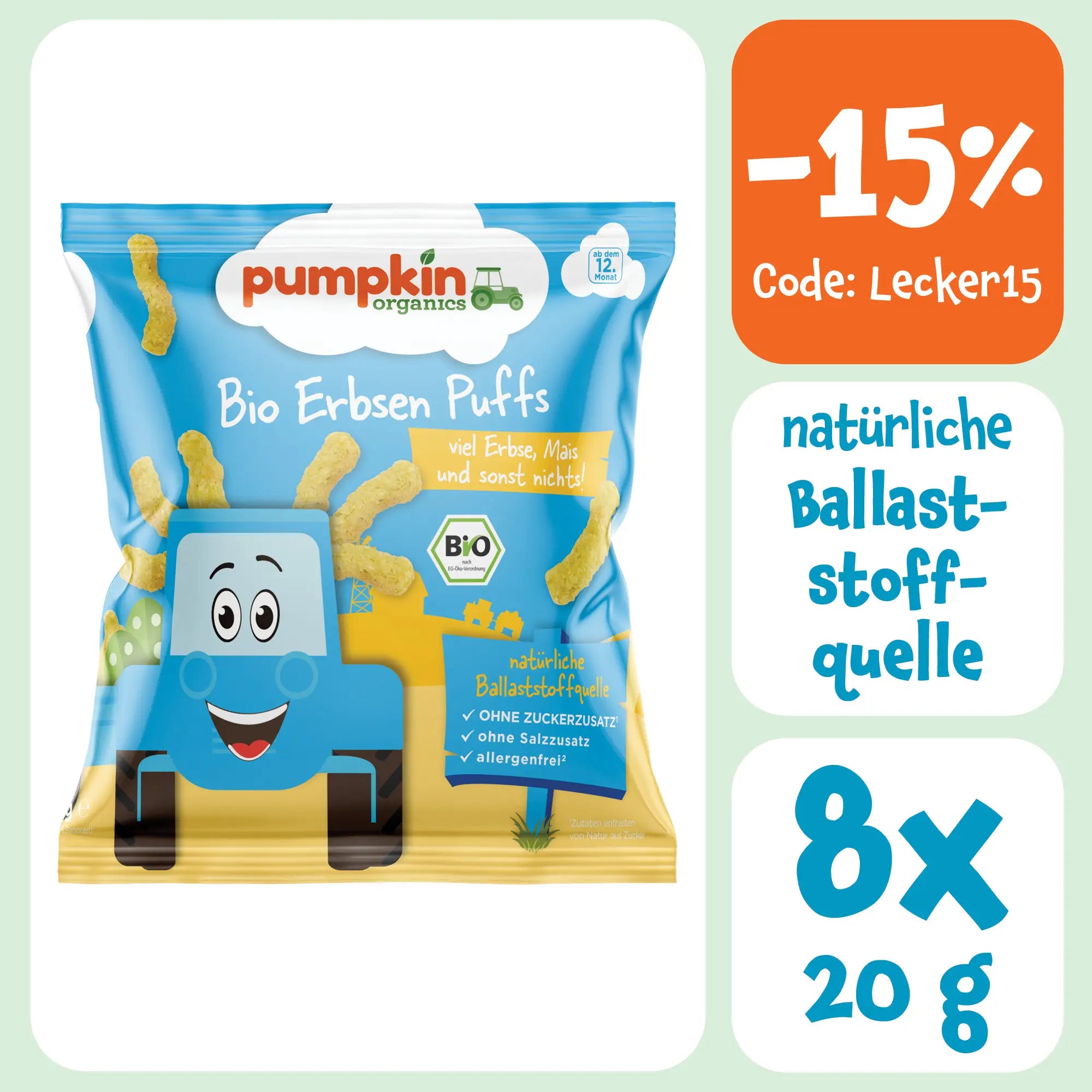 Knabbersnacks für Kinder: Bio Erbsen Puffs mit 80% Bio Erbsen, natürliche Ballaststoffquelle, 8x20g. Mit dem Code Lecker15 gibt es 15% Rabatt