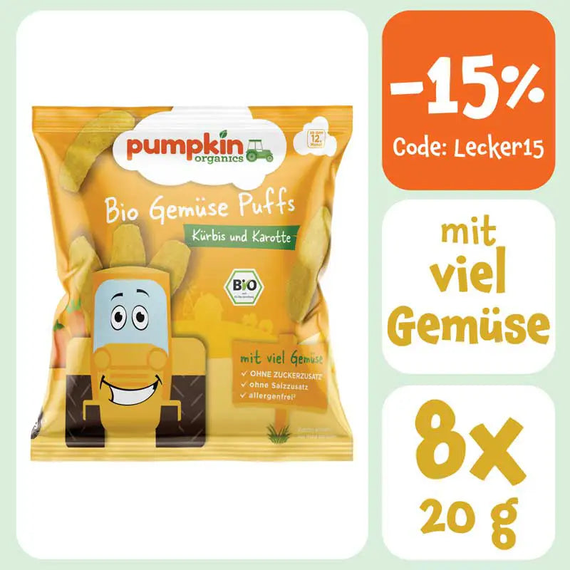 Bio Knabbersnack für Kinder: Bio Gemüse Puffs mit Kürbis und Karotte, gepufft und nicht frittiert, mit viel Gemüse und 8x20g. Mit dem Code Lecker15 gibt es 15% Rabatt