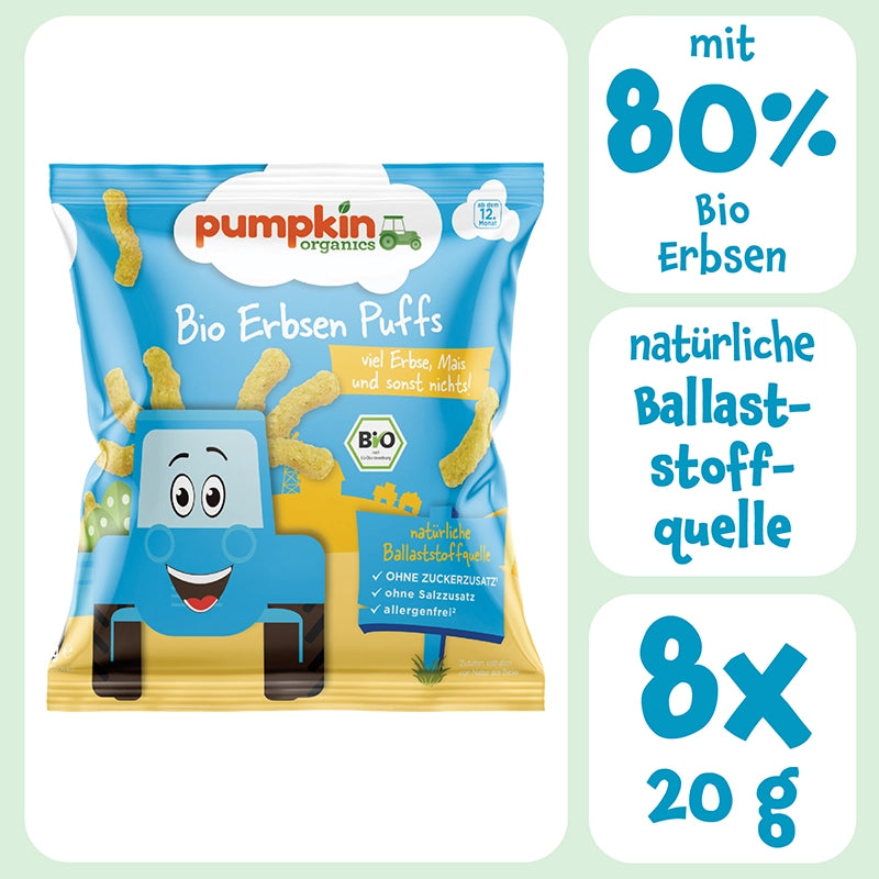 Knabbersnacks für Kinder: Bio Erbsen Puffs mit 80% Bio Erbsen, natürliche Ballaststoffquelle, 8x20g