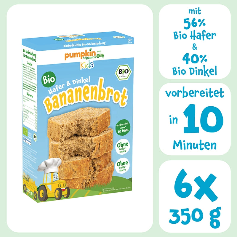 Bio Hafer & Dinkel Bananenbrot Backmischung für Kinder ohne Zuckerzusatz, vorbereitet in 10 Minuten, 6x350g