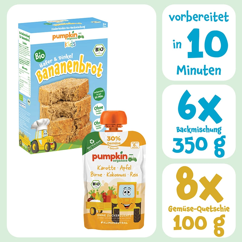 Bio Backmischungen Bananenbrot Bundle mit 6x Bananenbrot Backmmischung und 8x Gemüse Quetschies. Vorbereitet in 10 Minuten