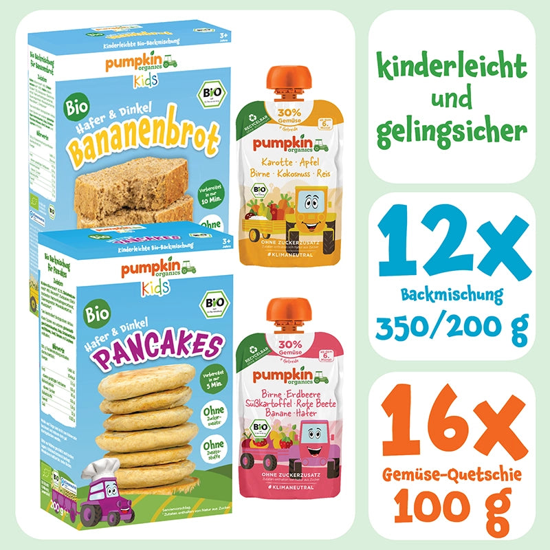 Bio Backmischungen Bundle ohne Zuckerzusatz mit 12x Backmischungen und 16 Gemüse Quetschies