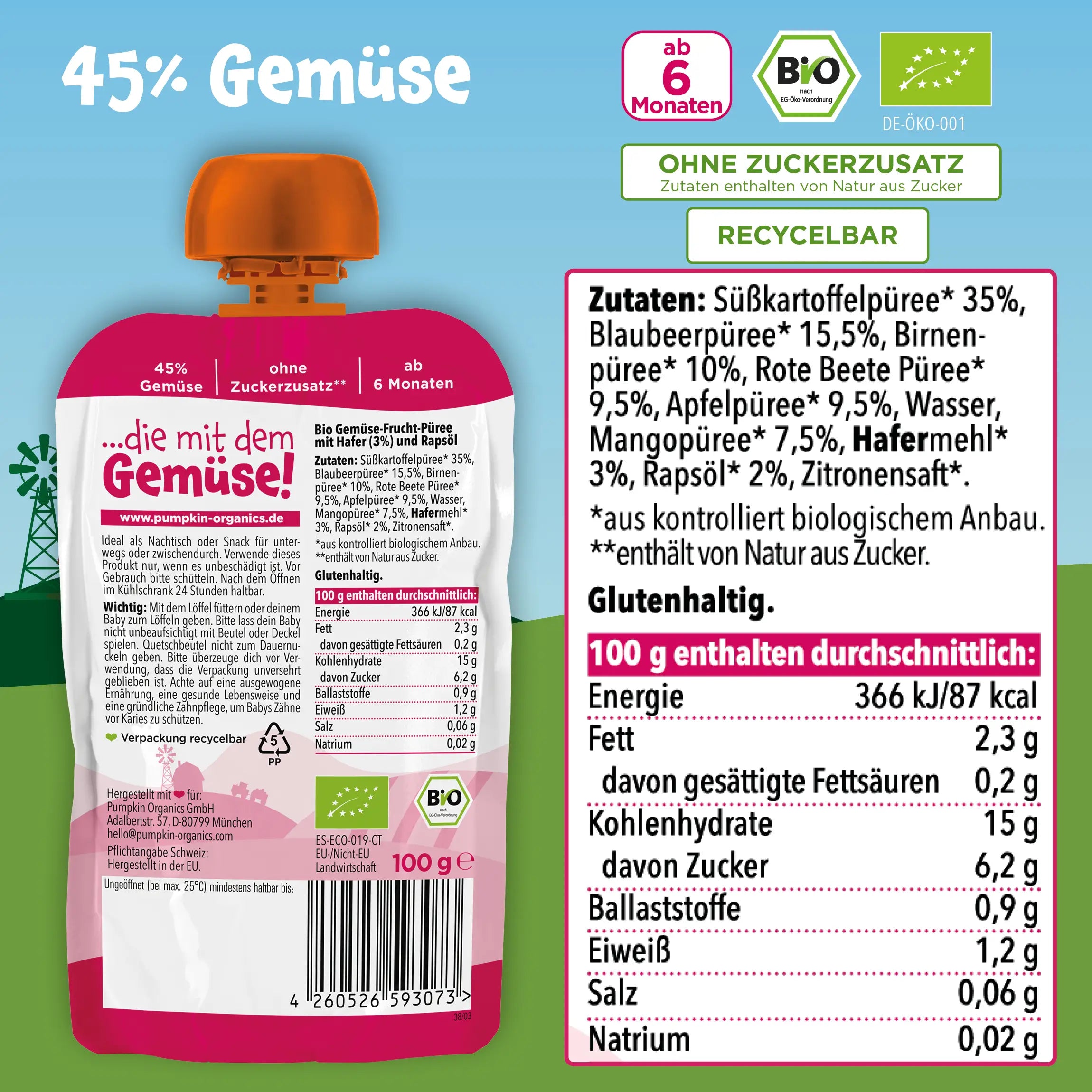 Bio Gemüse-Getreide-Quetschie Süßkartoffel, Blaubeere, Birne, Rote Beete, Hafer