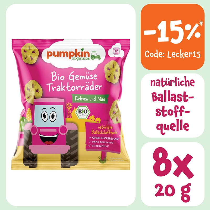 Bio Knabbersnack für Kinder Bio Gemüse Traktorräder mit Erbsen und Mais. Allergen- und glutenfrei, natürliche Ballaststoffquelle. 8x20g mit dem Code Lecker15 gibt es 15% Rabatt