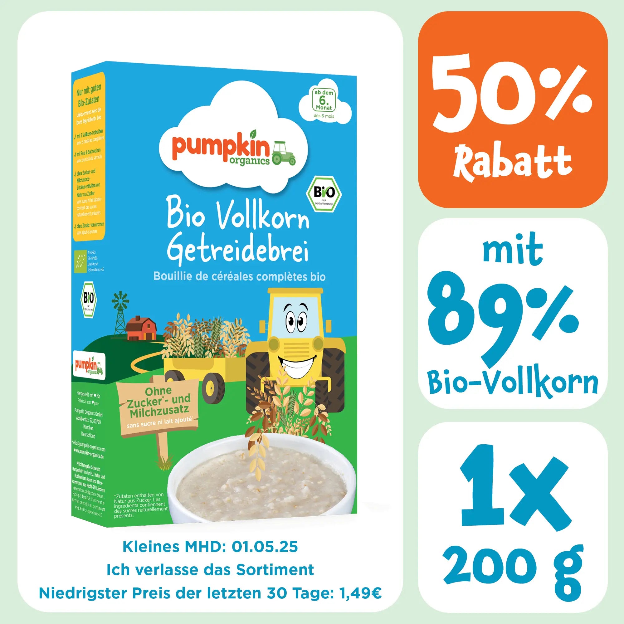 Bio Vollkorn Getreidebrei mit 89% Bi-Vollkorn. 1x200g. Ich verlasse das Sortiment deswegen gibt es 50% Rabatt. Niedrigster Preis der letzten 30 Tage: 1,49€