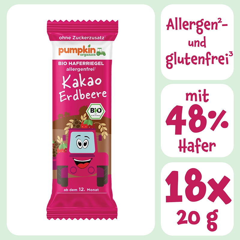 Bio Haferriegel Kakao Erdbeere ohne Zuckerzusatz mit 48% Hafer. 18x20g