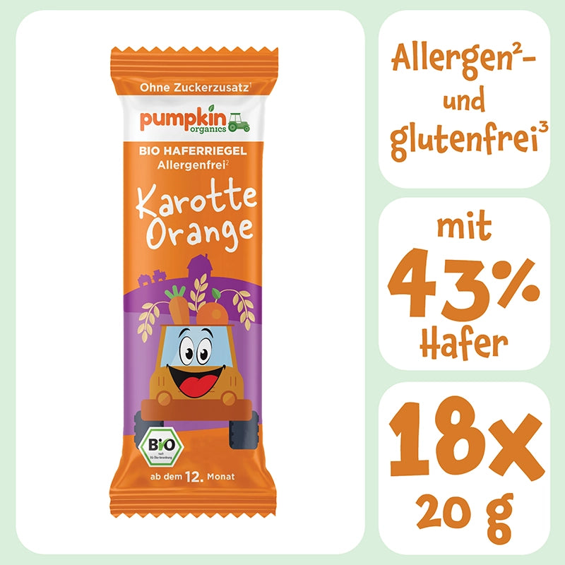 Bio Haferriegel Karotte Orange ohne Zuckerzusatz mit 43% Hafer und 18x20g