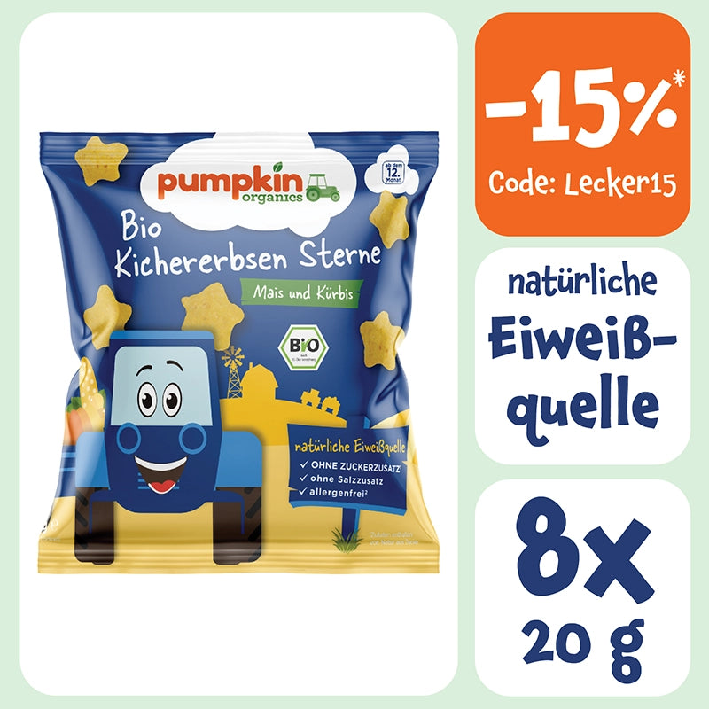 Bio Knabbersnack für Kinder Bio Kichererbsen Sterne mit Mais und Kürbis mit 41% Bio Kichererbsen, natürliche Eiweißquelle, 8x20g mit dem Code Lecker15 gibt es 15% Rabatt