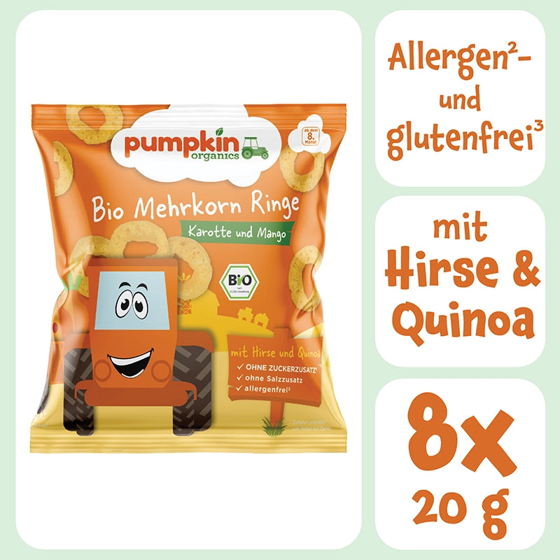 Bio Mehrkorn Ringe Karotte und Mango mit Hirse und Quinoa, allergen- und glutenfrei. 8x20g