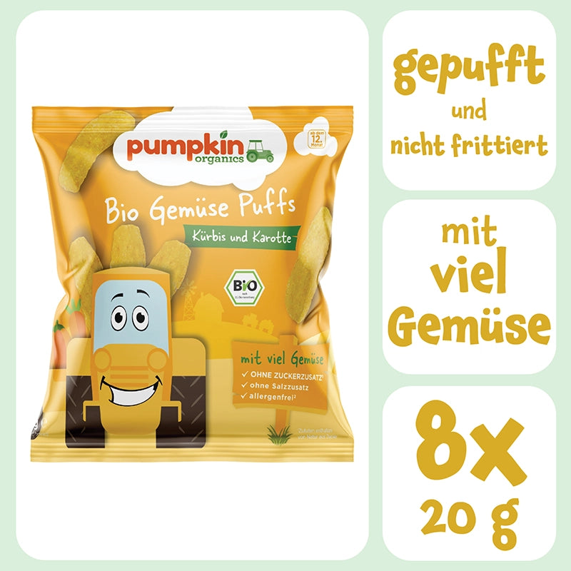 Bio Knabbersnack für Kinder: Bio Gemüse Puffs mit Kürbis und Karotte, gepufft und nicht frittiert, mit viel Gemüse und 8x20g