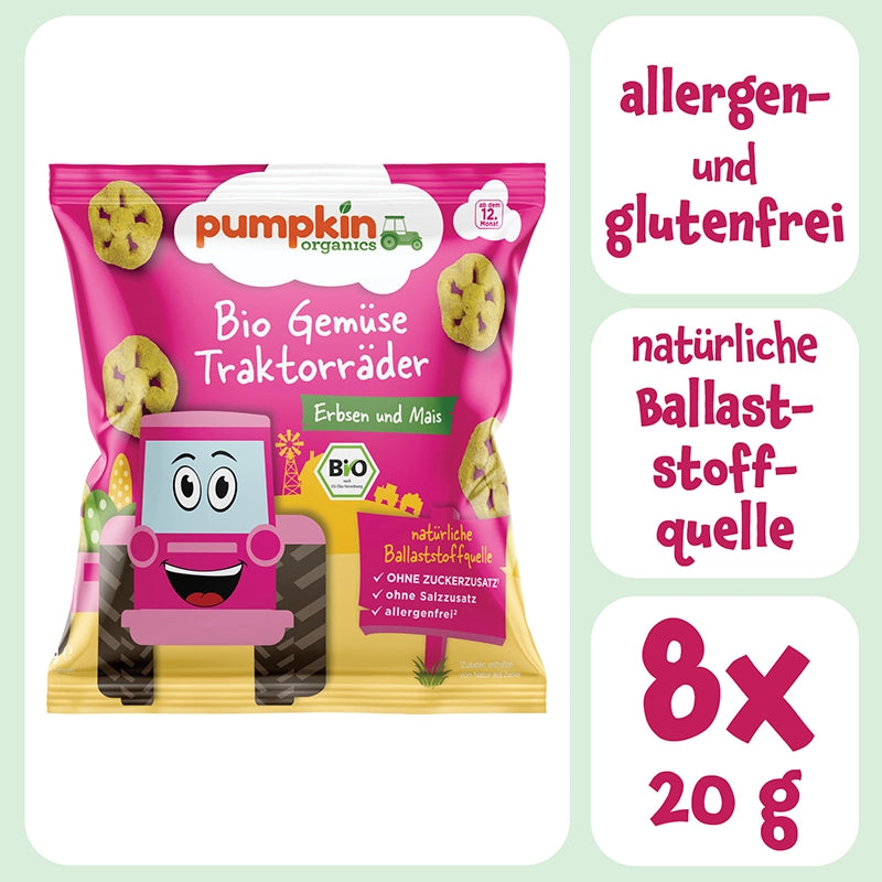 Bio Knabbersnack für Kinder Bio Gemüse Traktorräder mit Erbsen und Mais. Allergen- und glutenfrei, natürliche Ballaststoffquelle. 8x20g