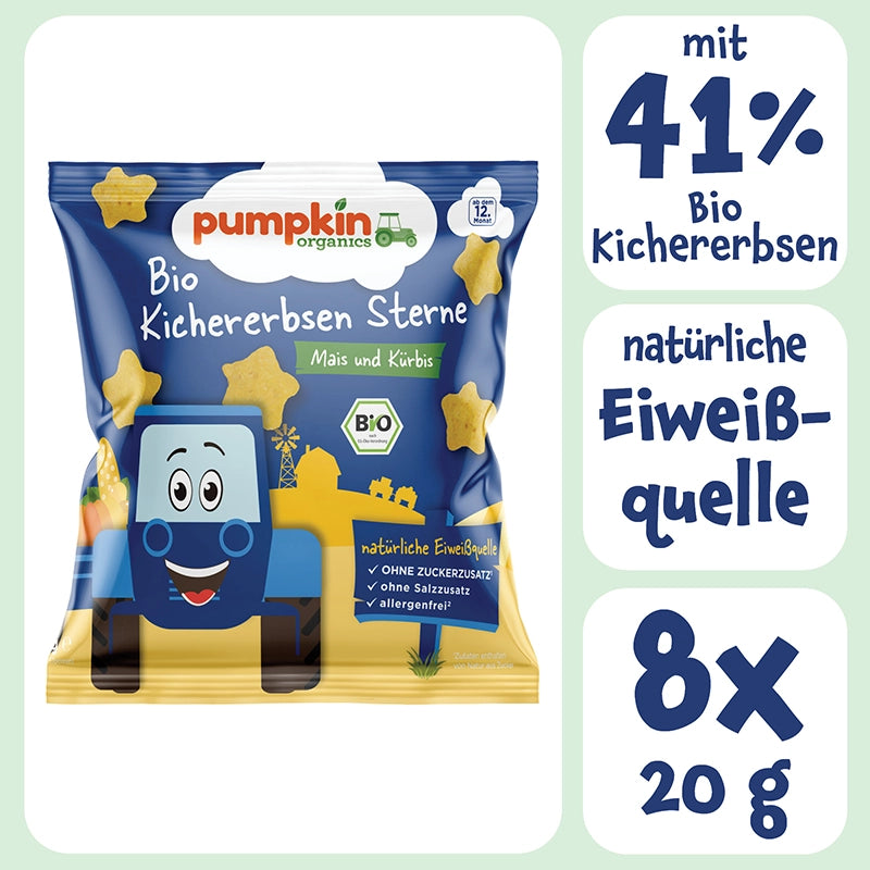 Bio Knabbersnack für Kinder Bio Kichererbsen Sterne mit Mais und Kürbis mit 41% Bio Kichererbsen, natürliche Eiweißquelle, 8x20g