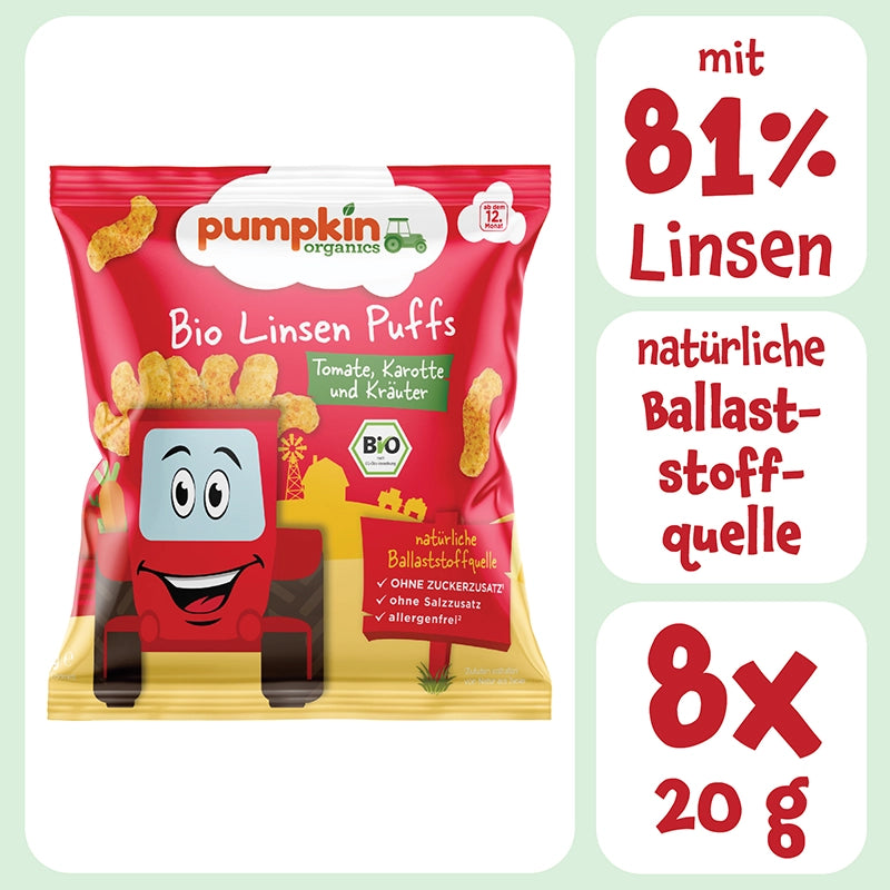 Bio Knabbersnack für Kinder Bio Linsen Puffs Tomate, Karotte und Kräuter ohne Zuckerzusatz, natürliche Ballaststoffquelle, 8x20g