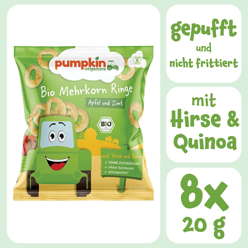 Bio Mehrkorn Ringe Apfel und Zimt mit Hirse &amp; Quinoa, gepufft und nicht frittiert, 8x20g