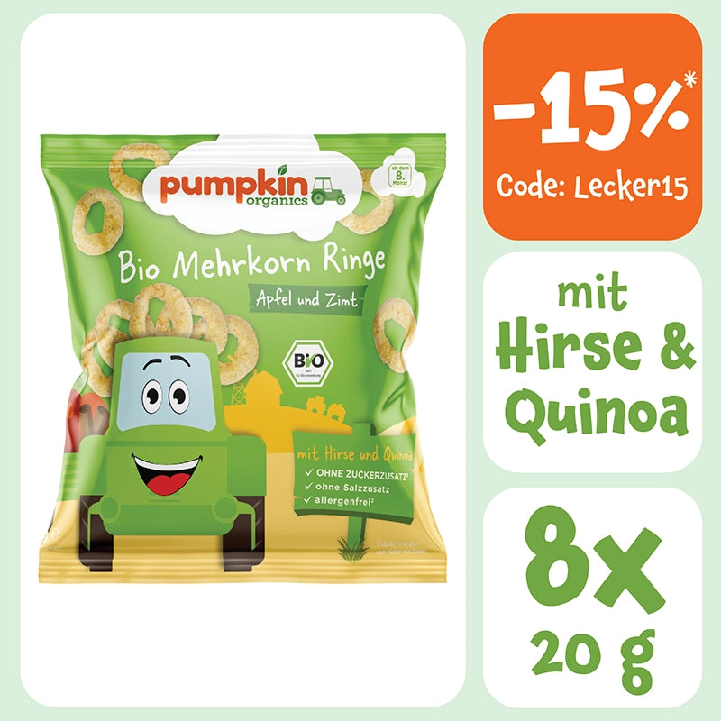 Bio Mehrkorn Ringe Apfel und Zimt mit Hirse & Quinoa, gepufft und nicht frittiert, 8x20g mit dem Code Lecker15 gibt es 15% Rabatt