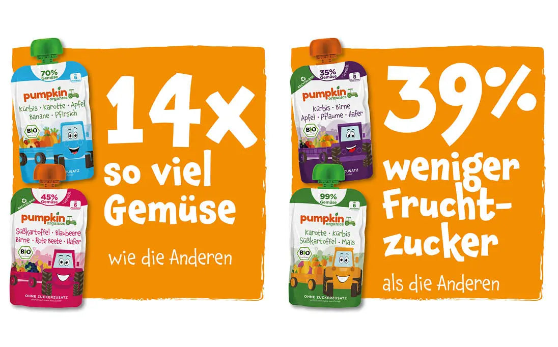 Bio Gemüse Quetschies haben 14x so viel Gemüse wie die Anderen und 39% weniger Fruchtzucker als die Anderen