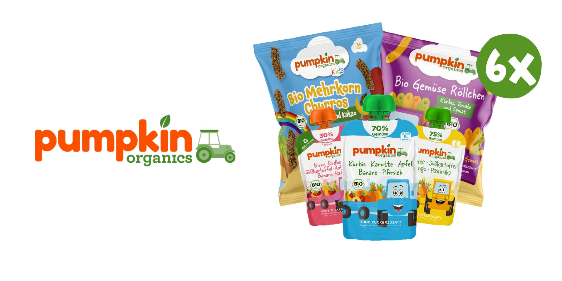 Pumpkin Organics Logo und Snacks