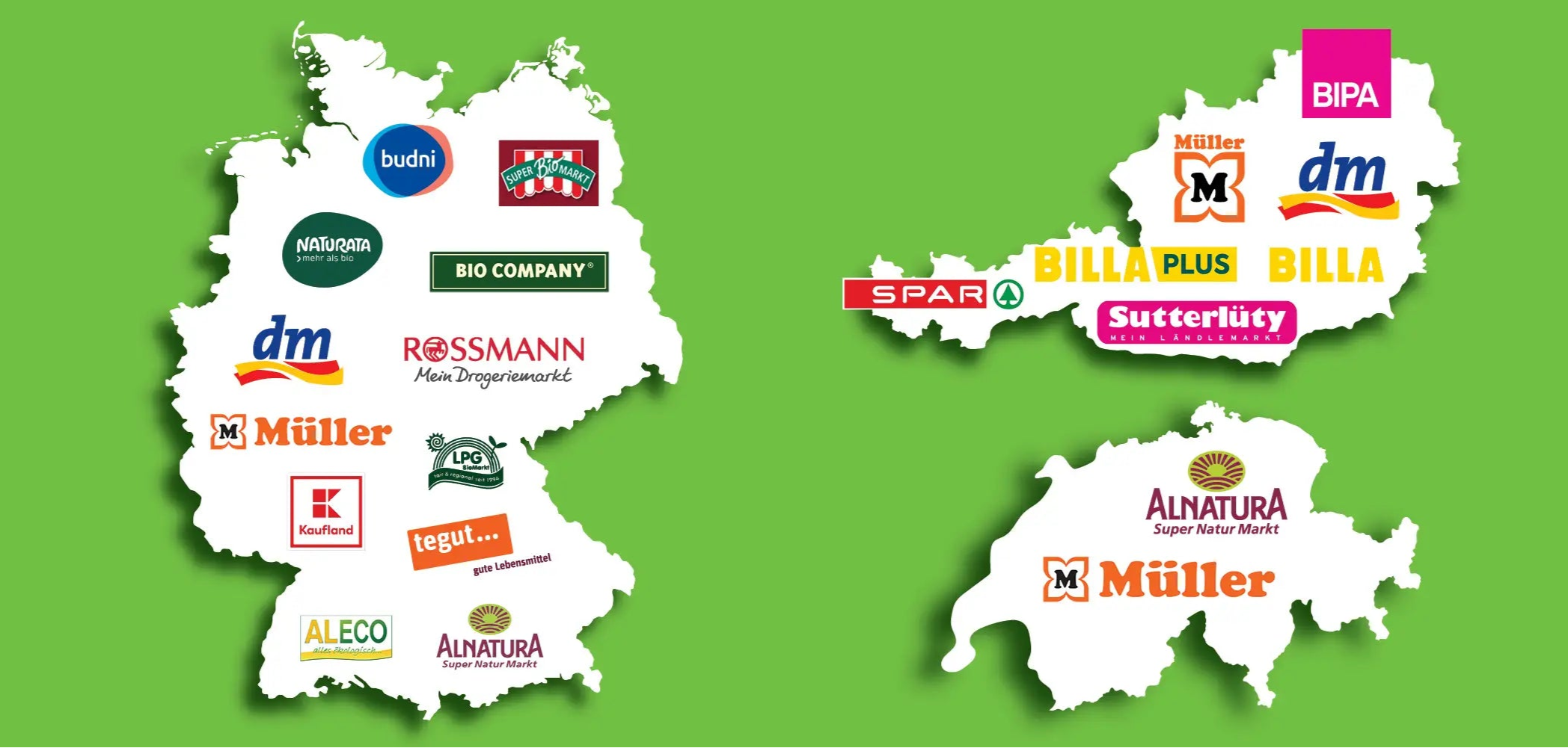 Karte der DACH Region mit allen Logos der Händler, bei denen du Pumpkin Organics kaufen kannst.