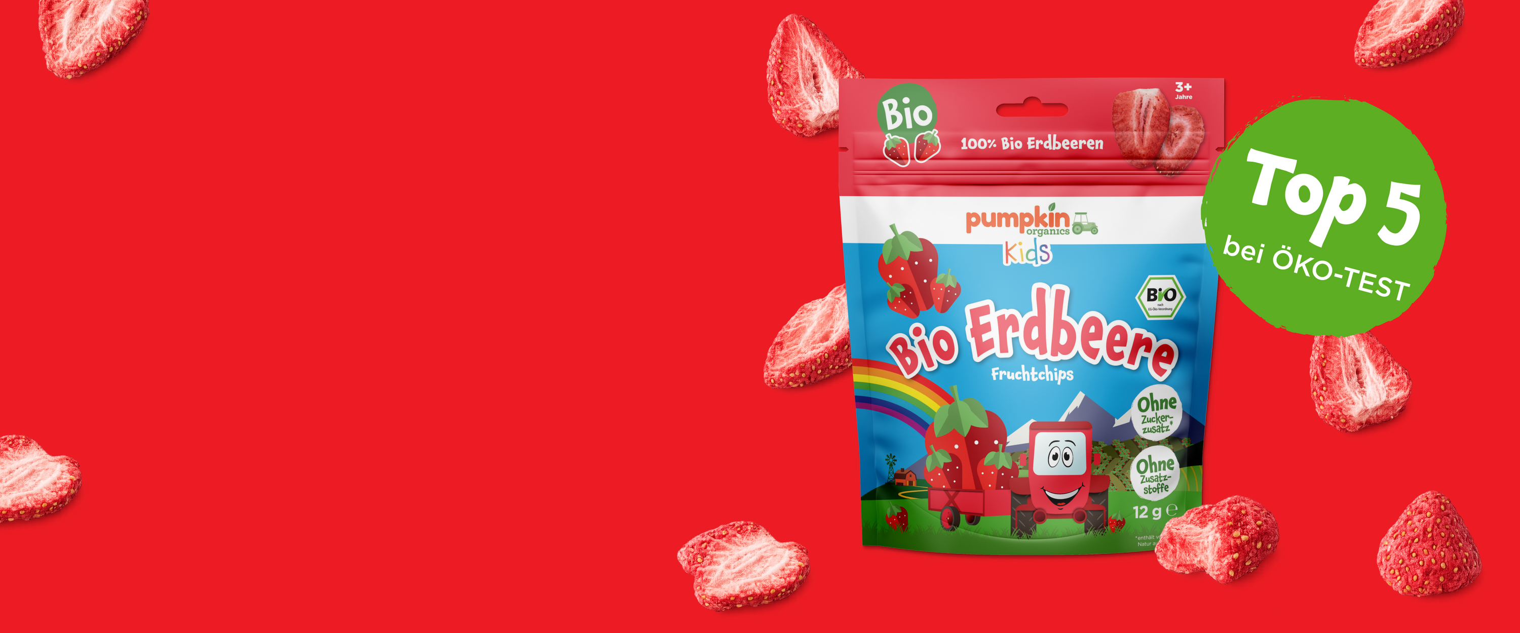 Bio Erdbeeren Fruchtchips mit rotem Hintergrund Top 5 bei ÖKO-Test