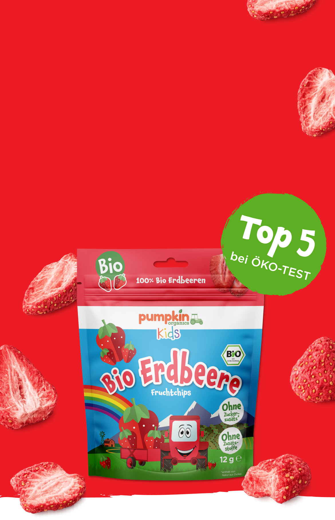 Bio Erdbeeren Fruchtchips mit rotem Hintergrund Top 5 bei ÖKO-Test
