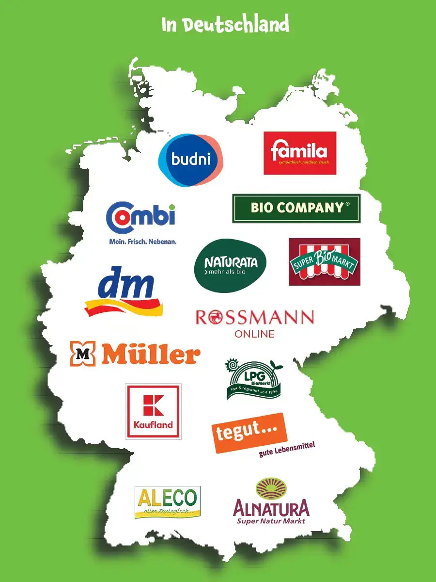 Deutschland Karte mit allen Händlern, bei denen Pumpkin Organics Produkte erhältlich sind. Z.B. dm, budni, müller, tegut, rossmann, bio compay