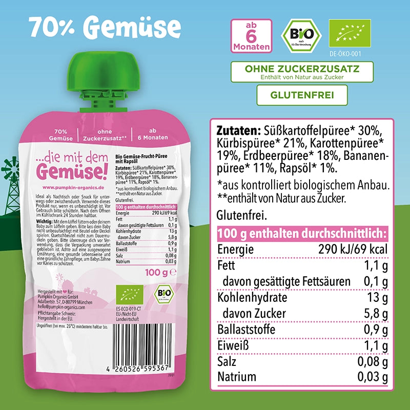 Zutaten und Nährwertangaben zu Bio Gemüse Quetschie mit Süßkartoffel, Kürbis, Karotte, Erdbeere und Banane