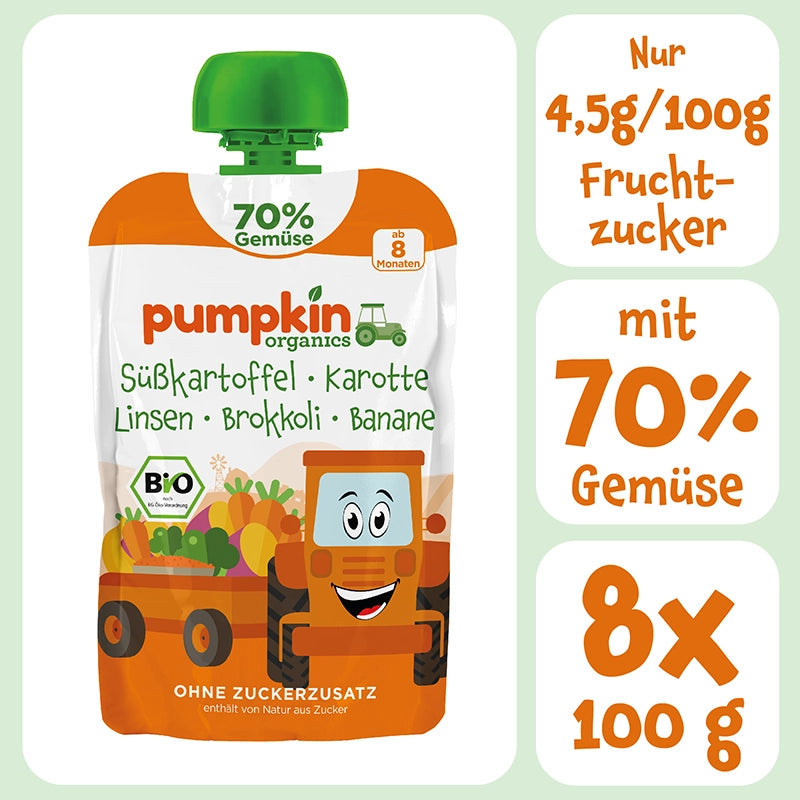 Bio Quetschie mit Süßkartoffel, Karotte, Linsen, Brokkoli, Banane mit 70% Gemüse hat nur 4,5g/100g Fruchtzucker und ist im 8er Pack erhältlich