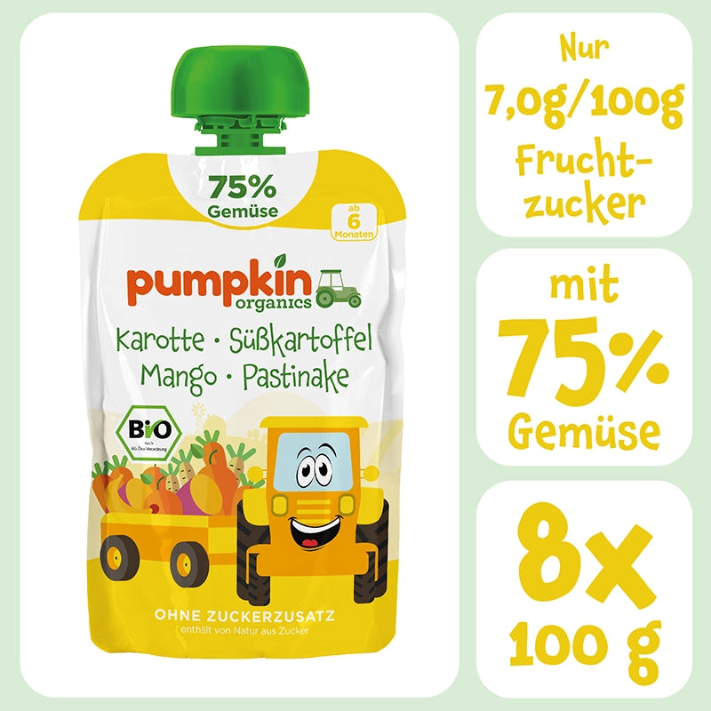 Bio Quetschie mit Karotte, Süßkartoffel, Mango und Pastinake mit 75% Gemüse hat nur 7g/100g Fruchtzucker und ist im 8er Pack erhältlich