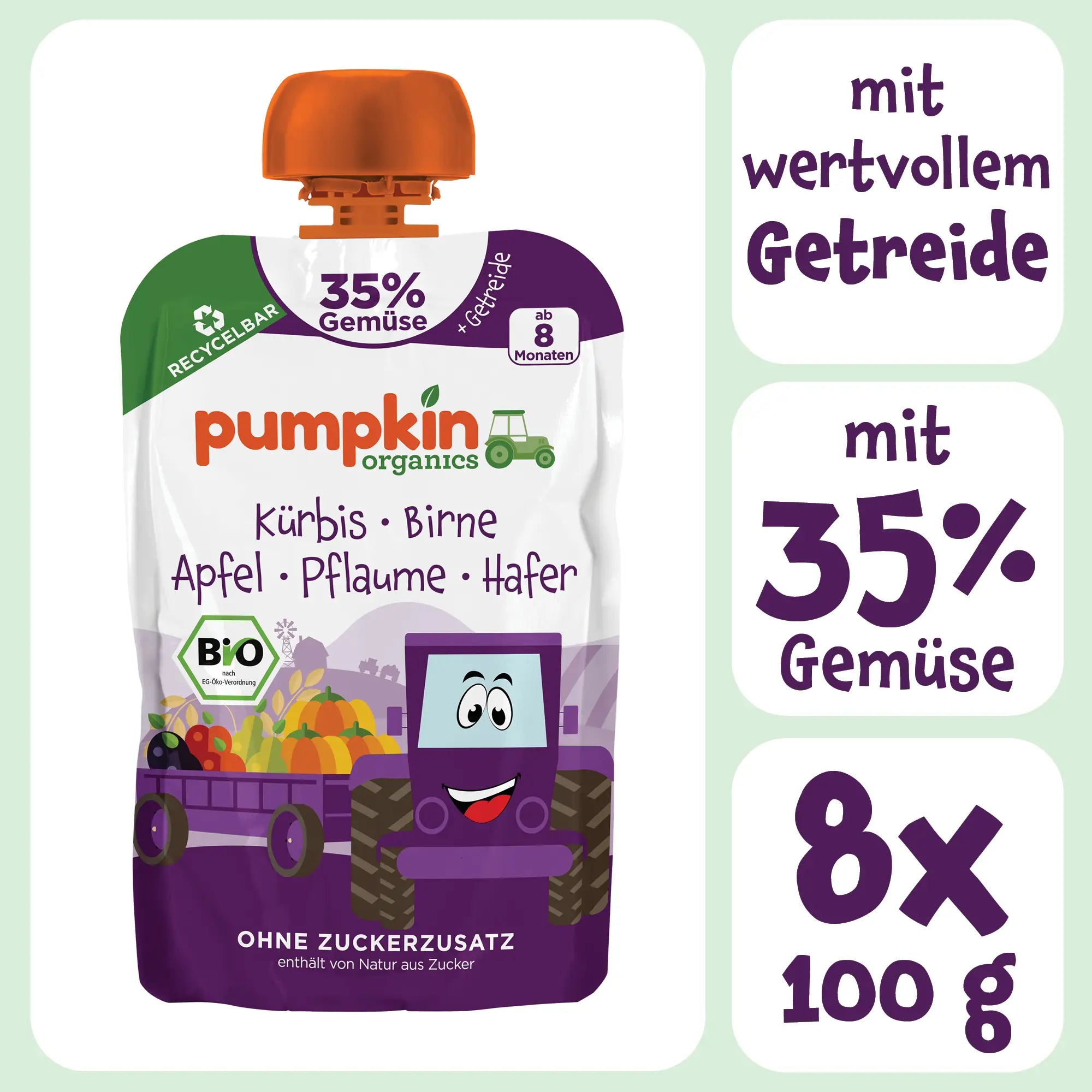 Bio Gemüse Quetschie mit wertvollem Getreide und 35% Gemüse im 8er Pack