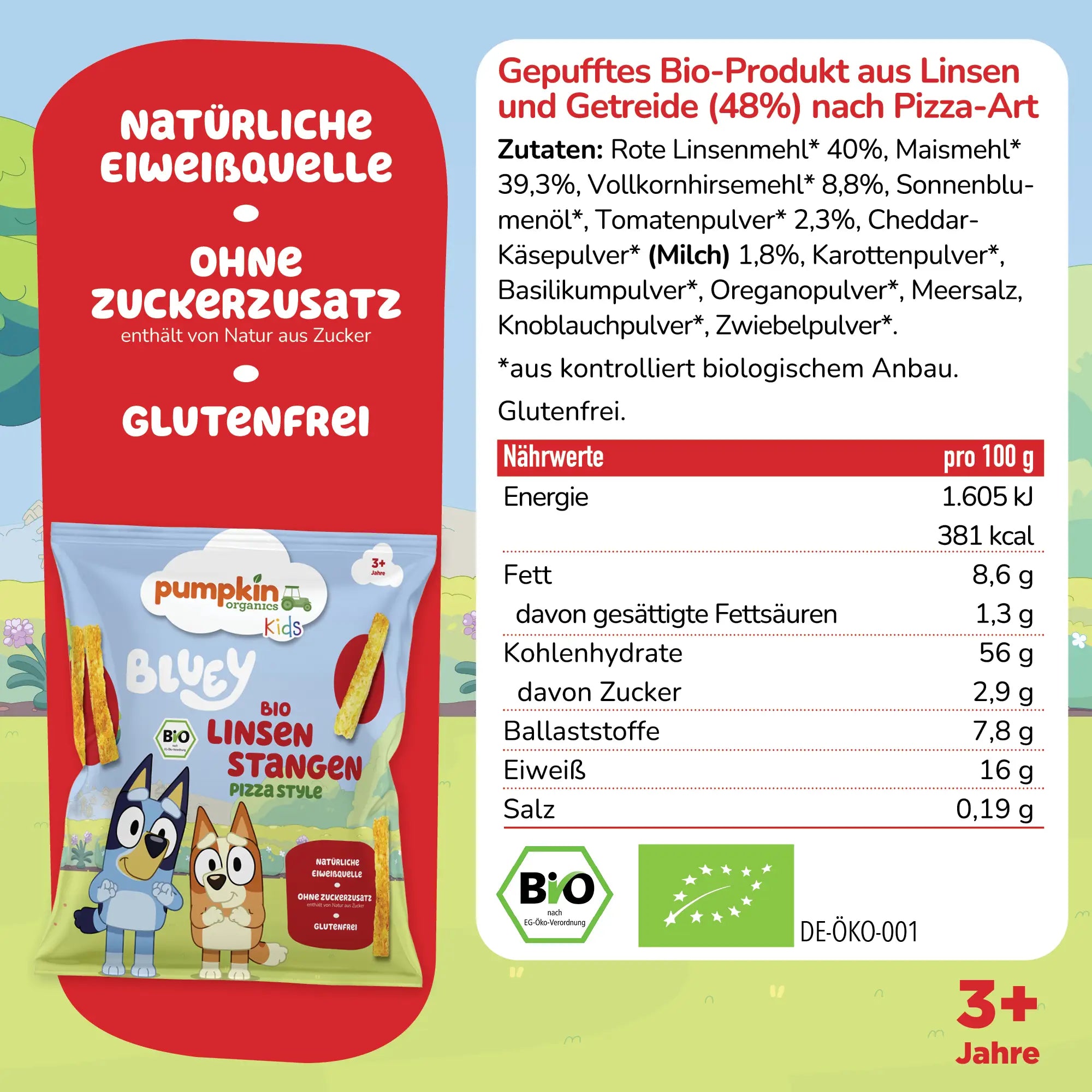 Bluey Bio Linsen Stangen Pizza Style Nährwertangaben und Zutaten