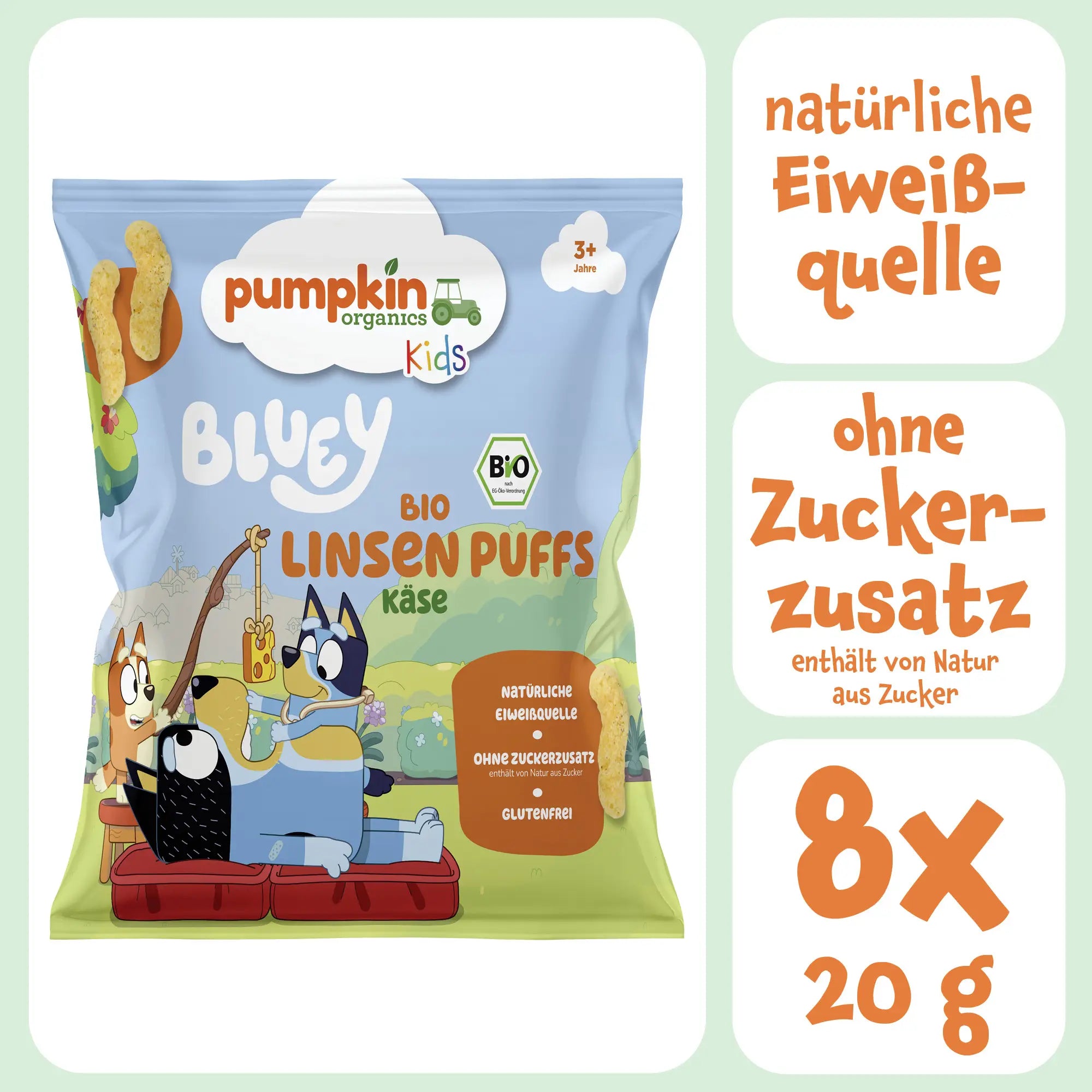 Bluey Bio Linsen Puffs Käse als natürliche Eiweißquelle, ohne Zuckerzusatz im 8er Pack