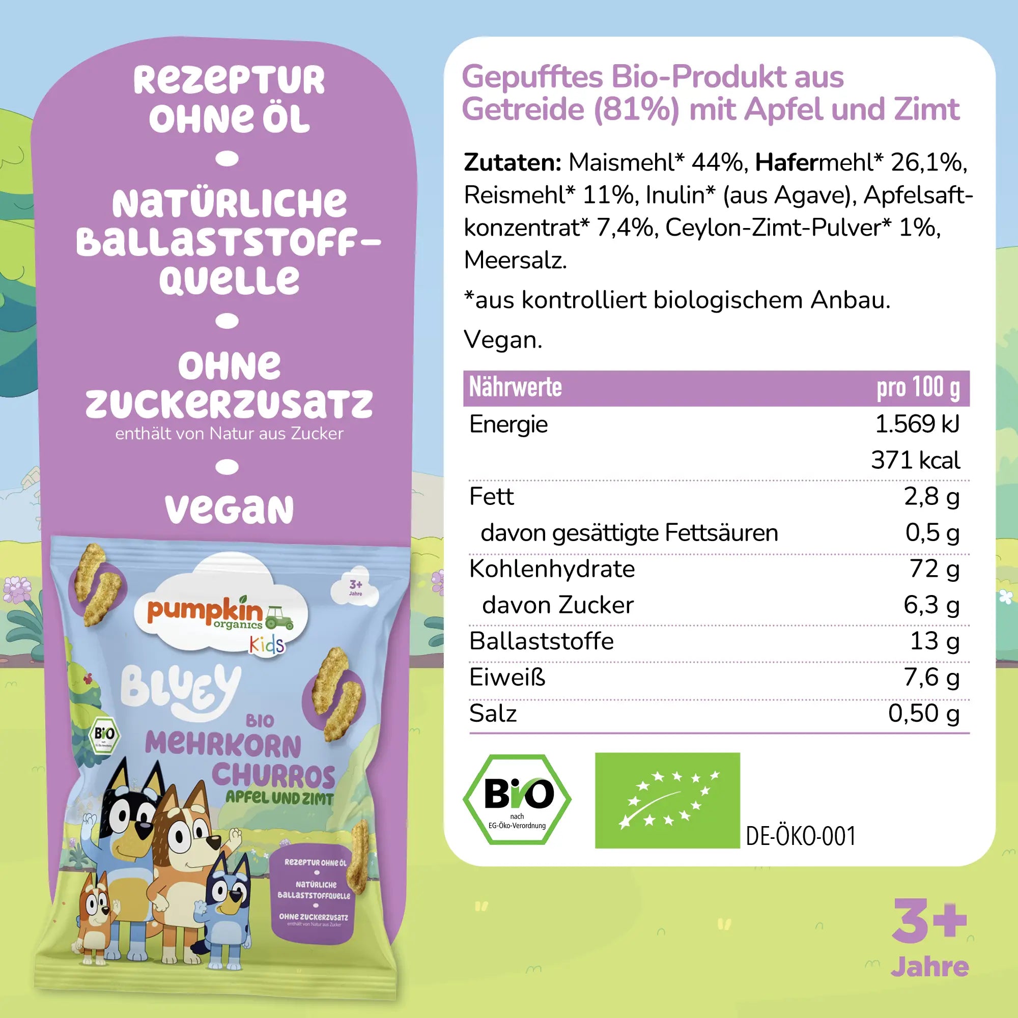 Bluey Bio Mehrkorn Churros Apfel und Zimt Zutaten und Nährwertangaben