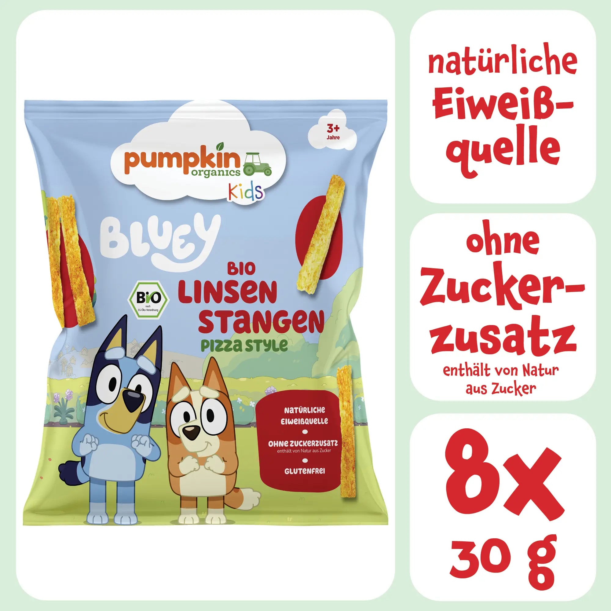 Bluey Bio Linsen Stangen Pizza Style als natürliche Eiweißquelle ohne Zuckerzusatz im 8er Pack