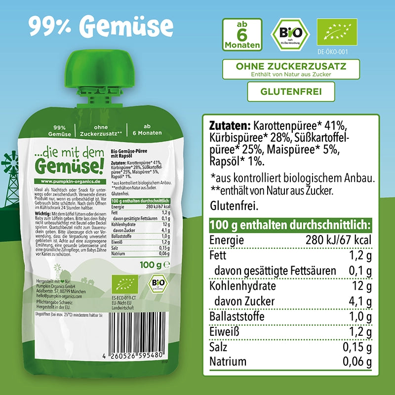 Zutaten und Nährwertangaben von Bio Gemüse-Quetschie Karotte, Kürbis, Süßkartoffel, Mais