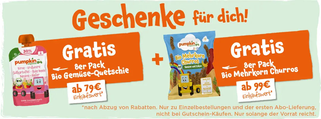 Website Banner: Geschenke für dich! Gratis 8er Pack Bio Gemüse-Quetschies ab 79€ und Gratis 8er Pack Bio Mehrkorn Churros ab 99€