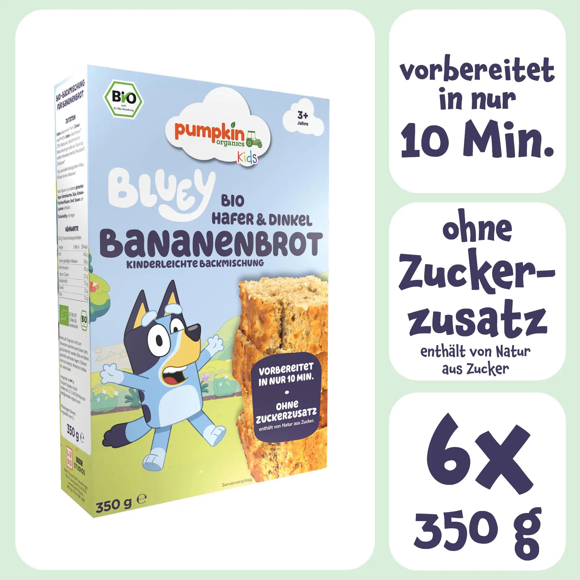 Bluey Bio Bananenbrot Backmischung für Kinder: vorbereitet in nur 10 Min, ohne Zuckerzusatz, 6x350g