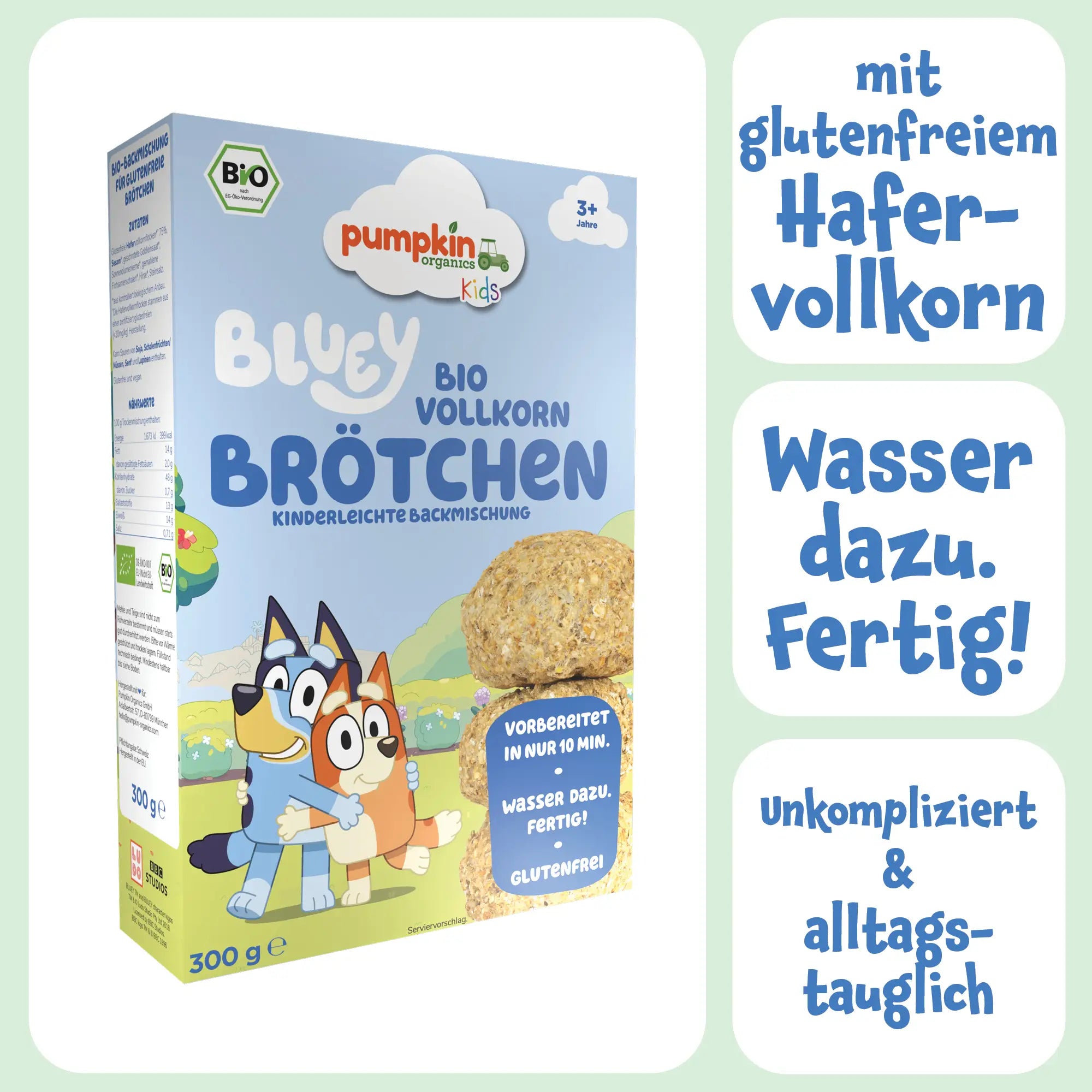 Bluey Bio Vollkorn Brötchen mit glutenfreiem Hafervollkorn. Unkomplizierte Zubereitung.