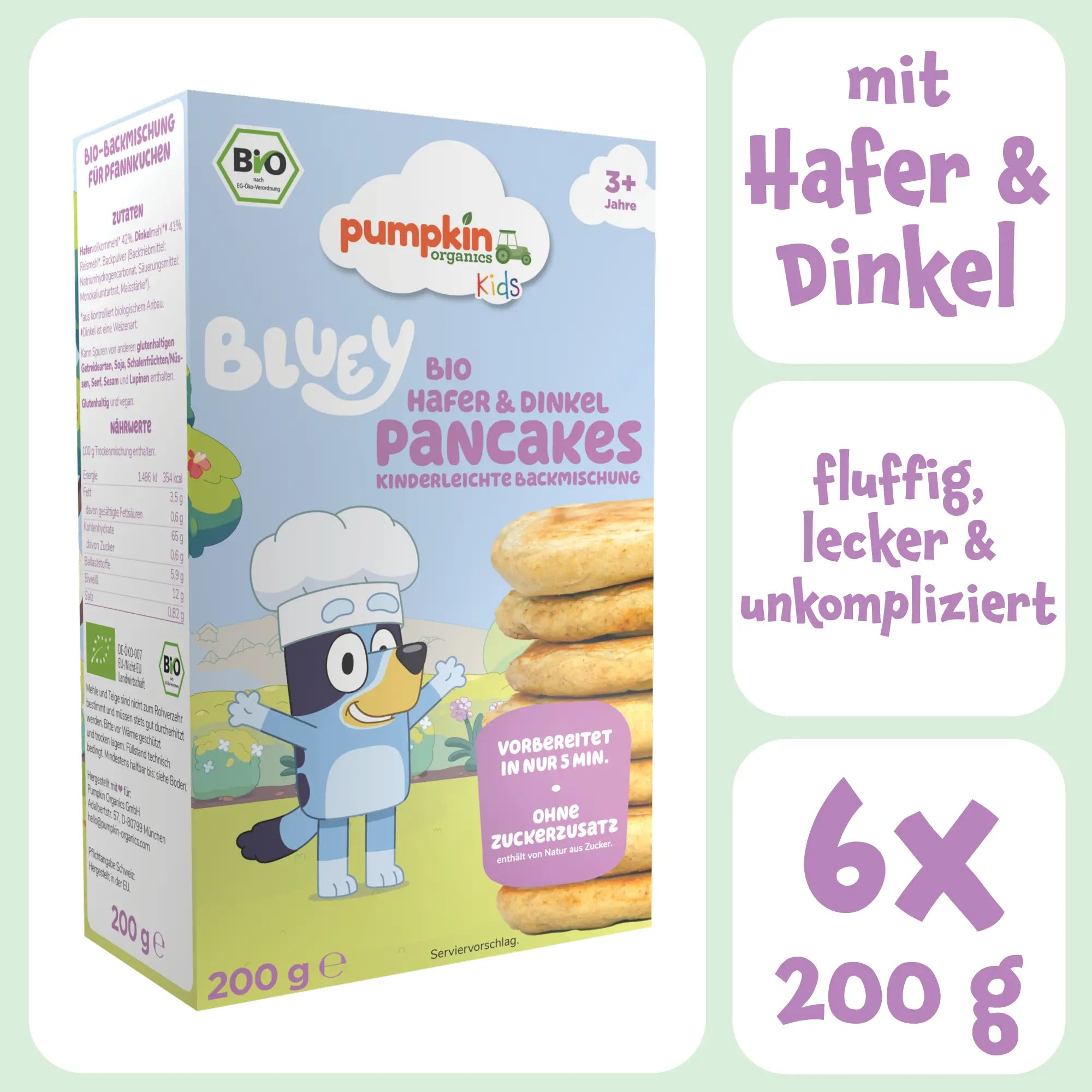 Bluey Bio Pancake Backmischung für Kinder: vorbereitet in nur 5 Min. ohne Zuckerzusatz, 6x200g