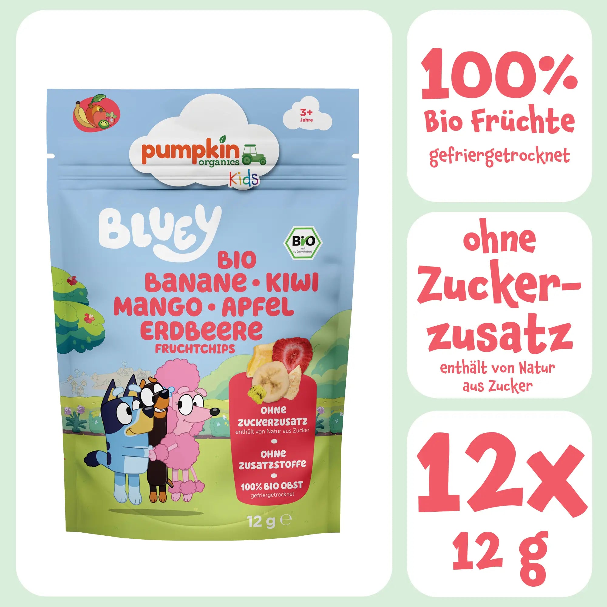 Bluey Bio Fruchtchips mit 100% gefriergetrocknetem Bio Obst, ohne Zuckerzusatz , 12x12g