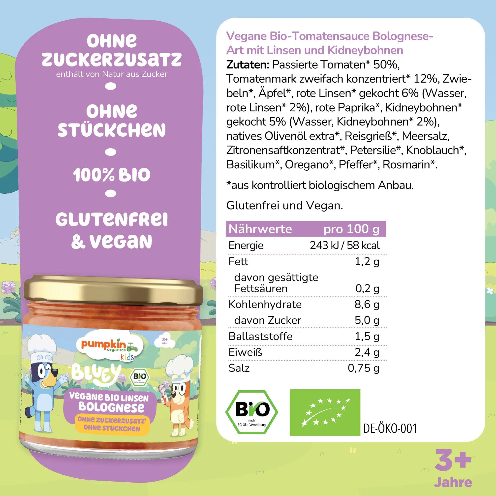 Bluey Bio Linsen Bolognese Zutaten und Nährwertangaben